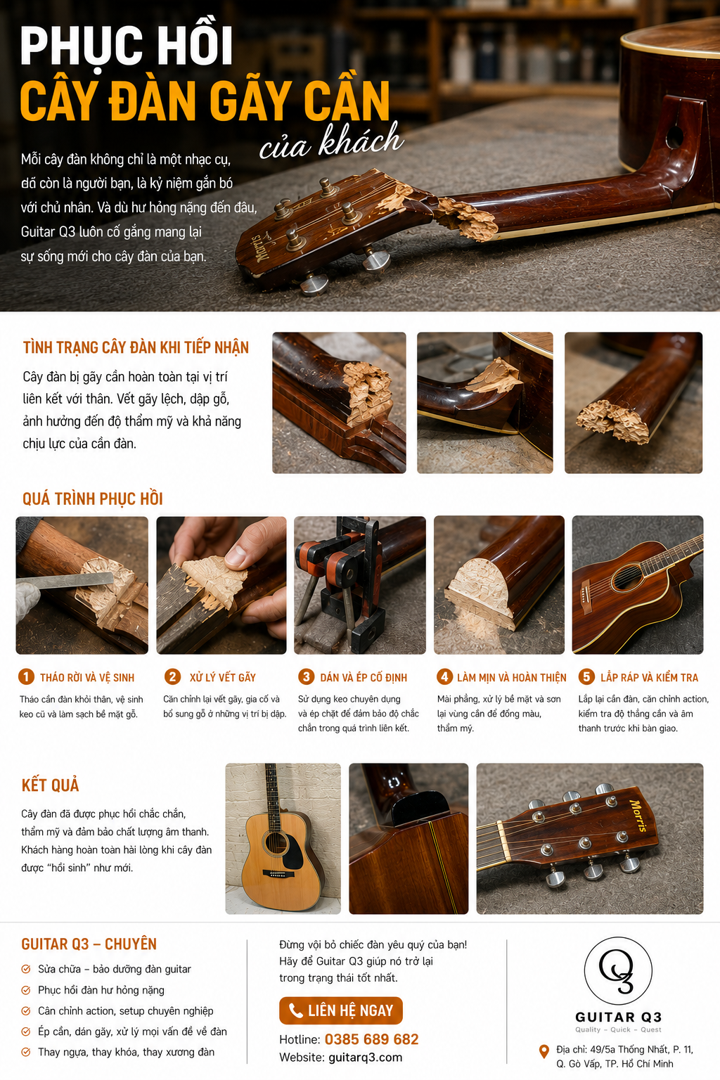 Phục Hồi Cây Đàn Guitar Gãy Cần Của Khách – Hồi Sinh Một Người Bạn Âm Nhạc
