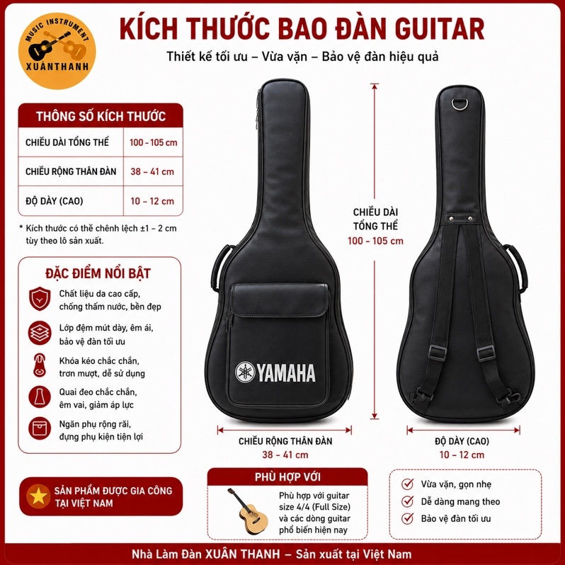 Bao Da Đàn Guitar Dày 3 Lớp Size M 4/4 Túi Đựng Đàn Guitar Acoustic Classic Chống Sốc Chống Trầy Có Quai Đeo