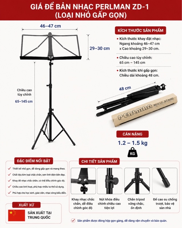 Giá Nhạc PERLMAN ZD-1 Giá Để Bản Nhạc Gấp Gọn Điều Chỉnh Độ Cao Khung Thép Chắc Chắn Cho Học Tập Biểu Diễn